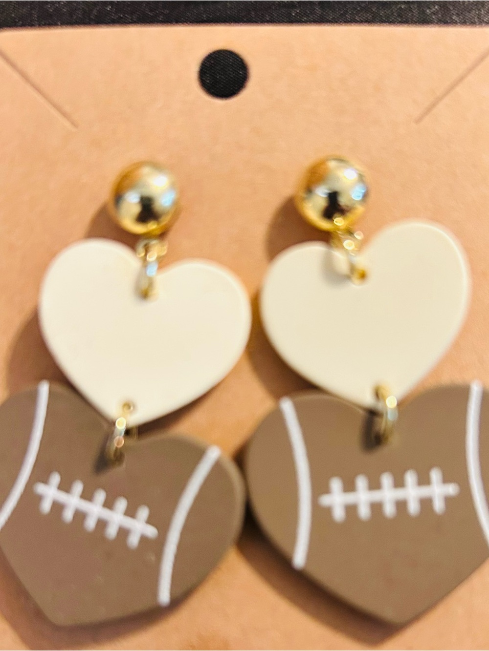 Women’s Heart & Football Dangle Earrings - Cream and Brown